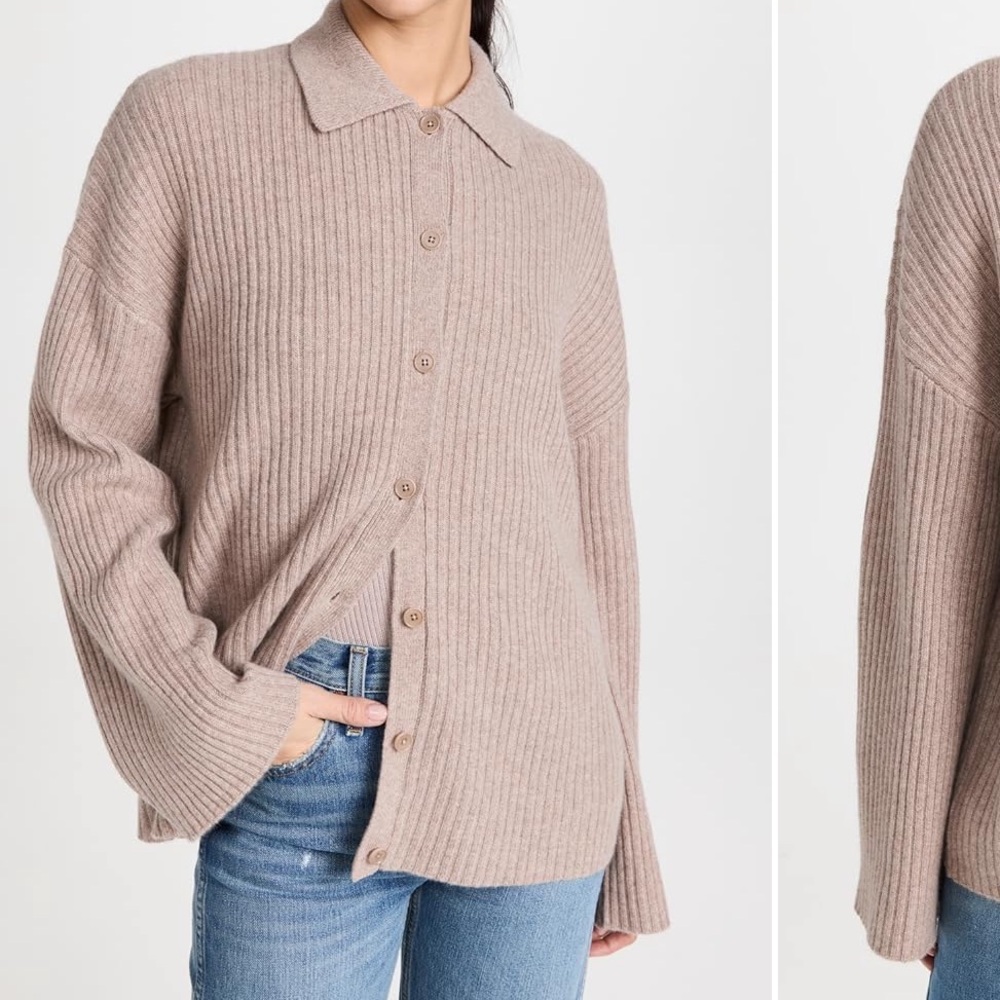 Reformation Ribbed Button-Up Cardigan in Taupe